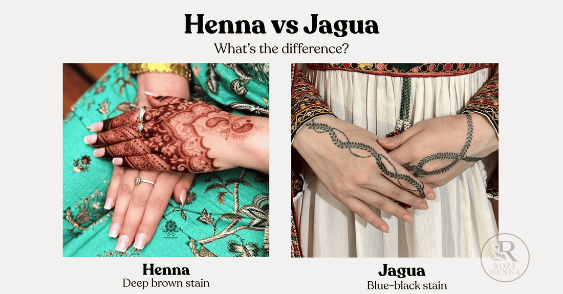 Hands on the left show how natural henna stains deep brown and hand on the left shows how jagua gel stains dark blue 