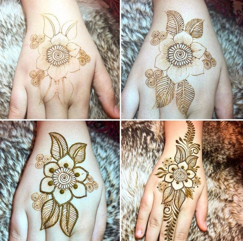 Collage of four images showing floral henna designs on hands against a fur background.