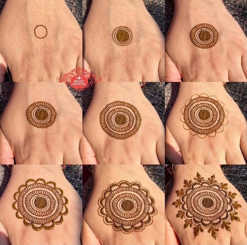 Step-by-step process of applying henna designs on a hand, with 'Henna' logo in the center.