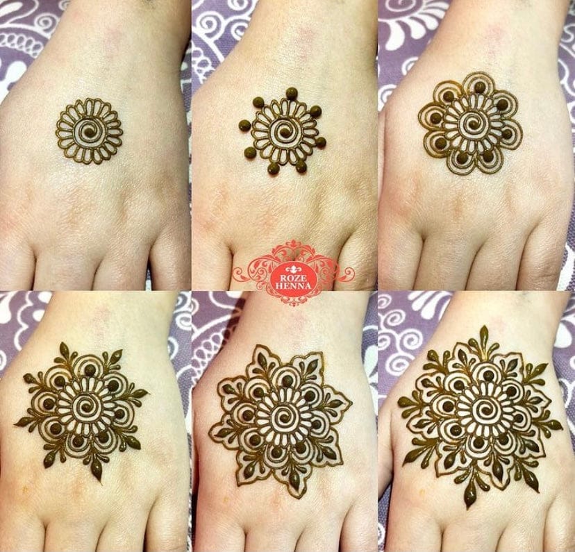 Collage of six floral mehndi designs on hands with a brand logo in the center.
