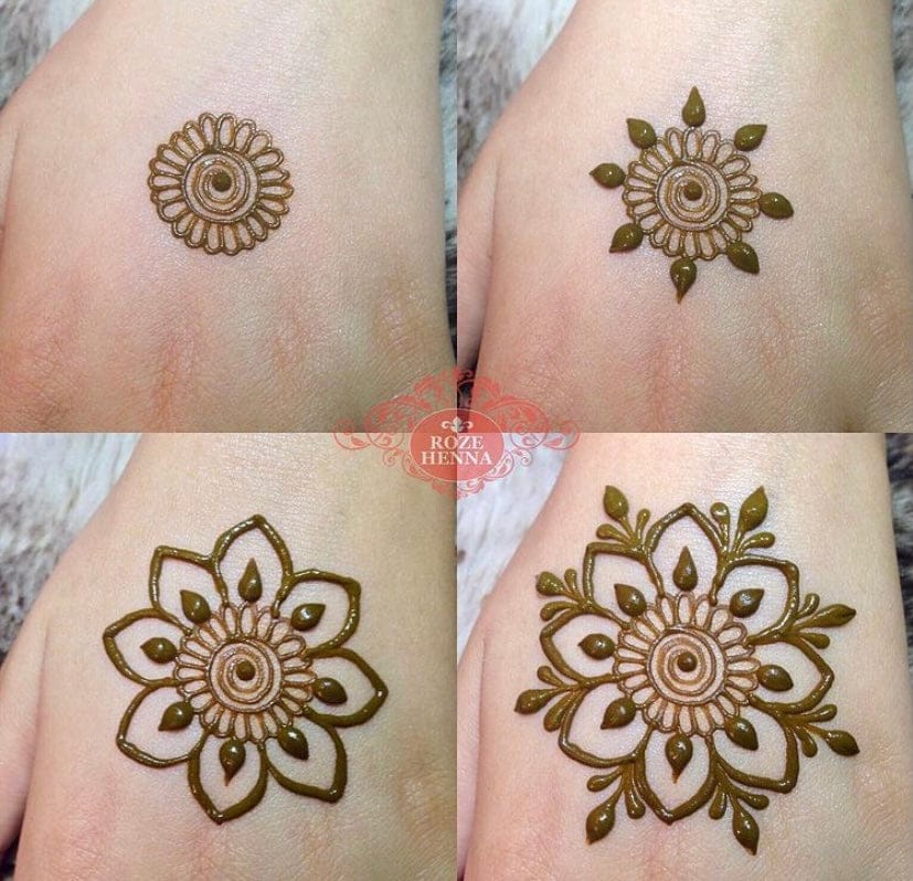 Sequence of four stages showing the progression of a henna design on skin.