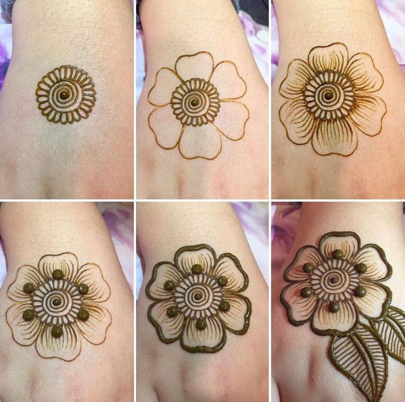 Step-by-step process of creating a floral henna design on skin.