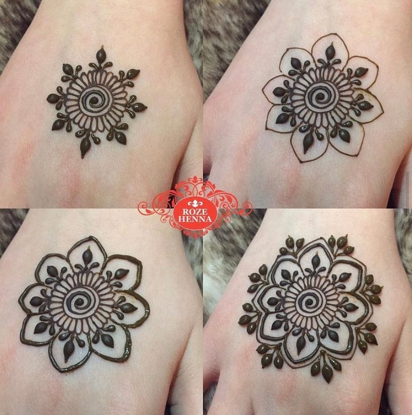 Four different designs of henna tattoos on wrists with 'Roze Henna' logo.