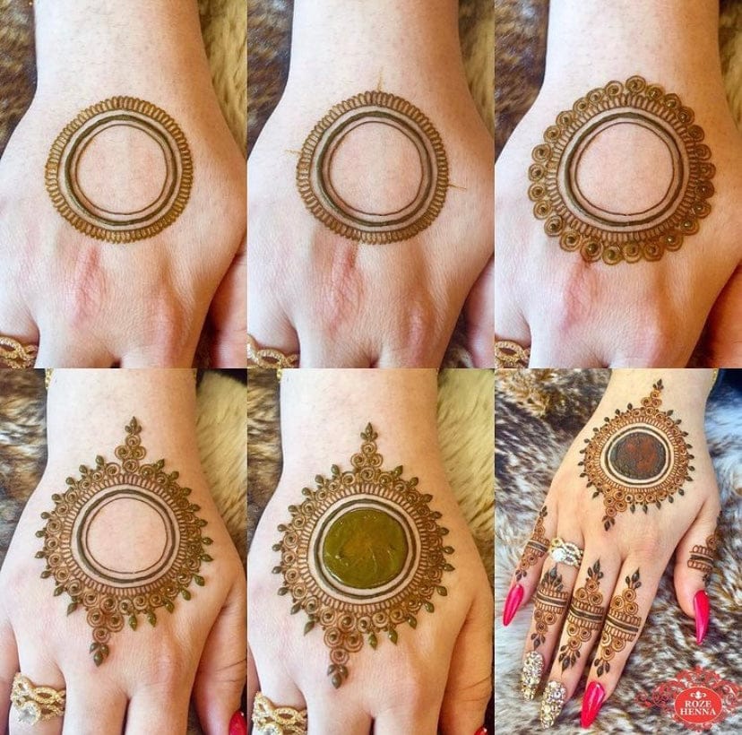 Collage of six images showing a detailed henna design on a hand.