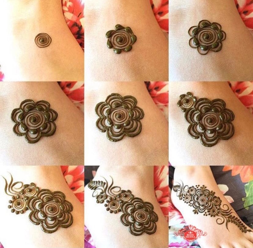 Collage of various floral and geometric henna designs on skin.