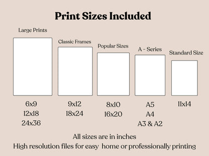 Printable mandala wall art size guide showing multiple print dimensions included