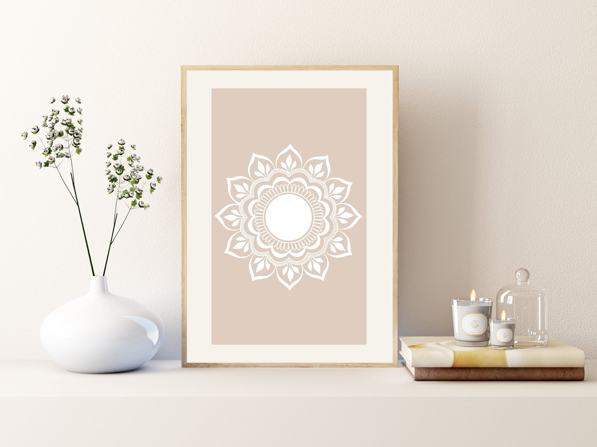 Neutral mandala printable wall art styled in a modern minimalist living space