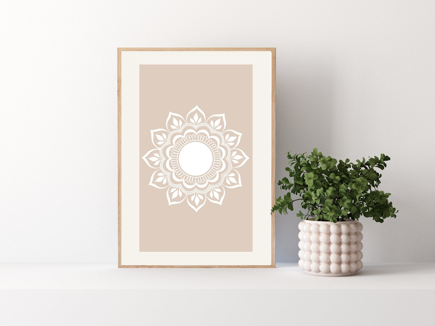 Hand-drawn mandala digital wall art with clean lines and calming neutral palette
