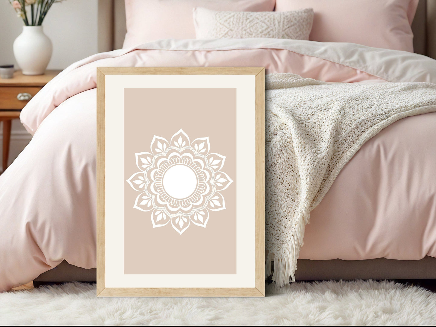 Hand-drawn mandala printable wall art styled on a shelf with natural decor accents
