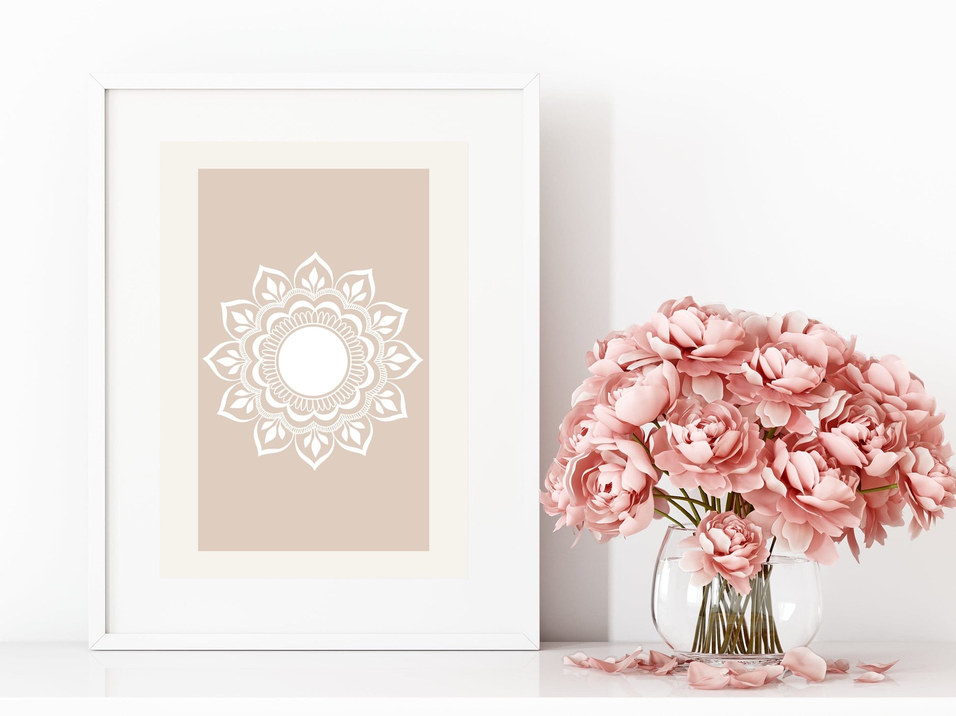 Hand-drawn mandala wall art printable displayed with natural textures and soft decor
