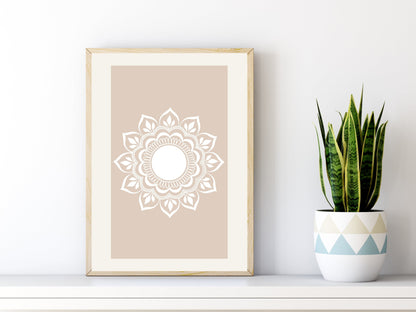 Hand-drawn mandala wall art in neutral boho tones, minimalist printable wall decor