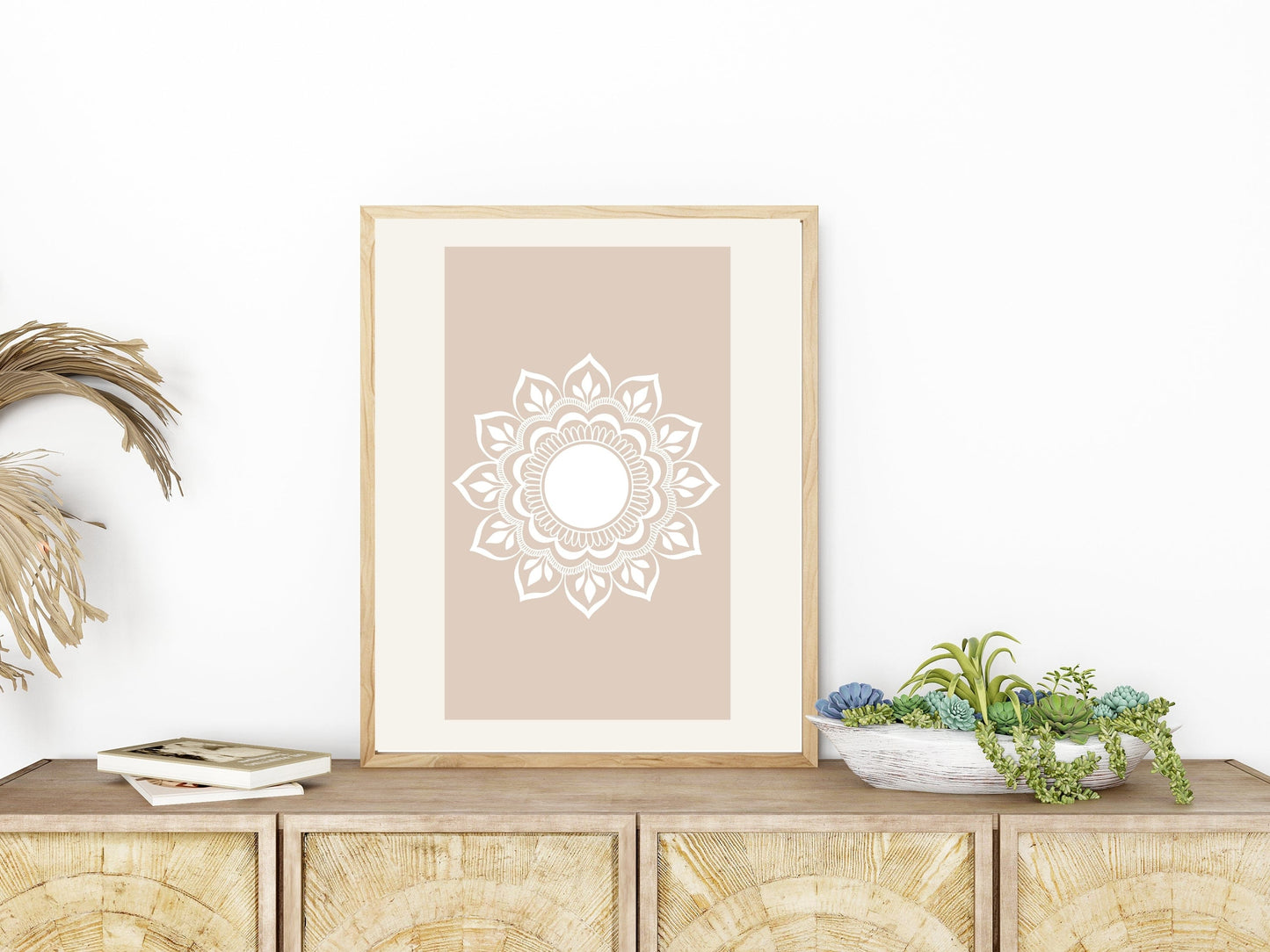 Modern mandala wall art printable shown in a light neutral interior setting