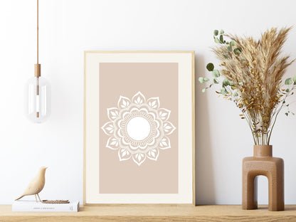 Boho mandala wall art printable in soft neutral colours for minimalist decor