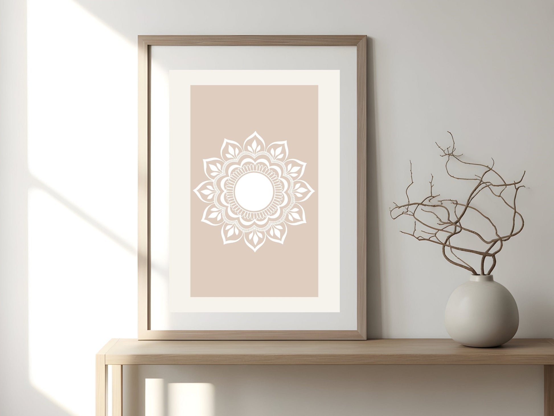 Neutral boho mandala wall art displayed in a modern home setting, instant digital download