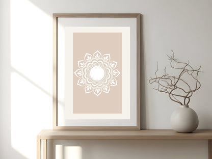 Neutral boho mandala wall art displayed in a modern home setting, instant digital download