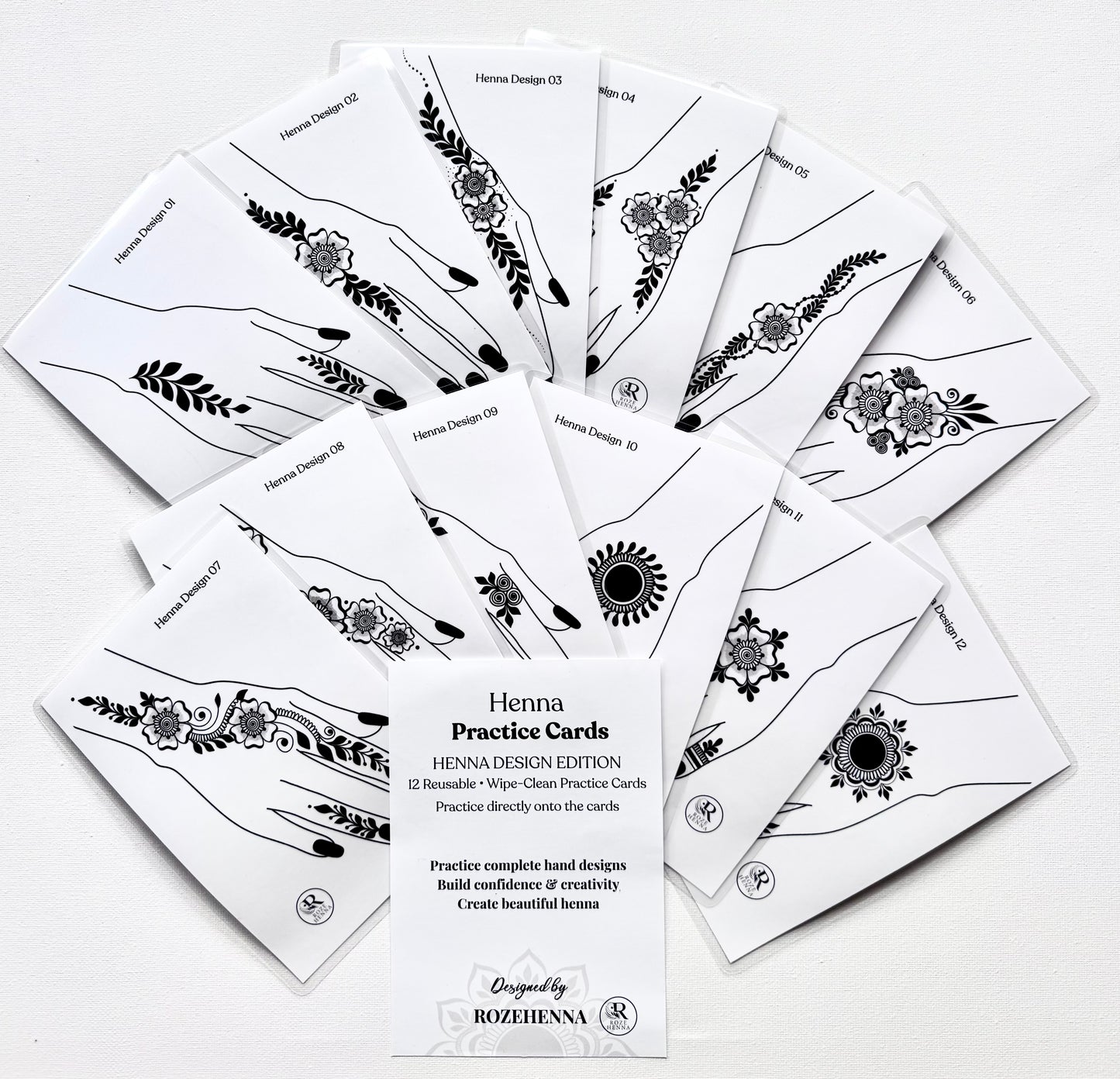 Rozehenna Henna Practice Kit 12 Laminated Practice Cards 12 Reusable Henna Practice Cards - Henna Design Edition