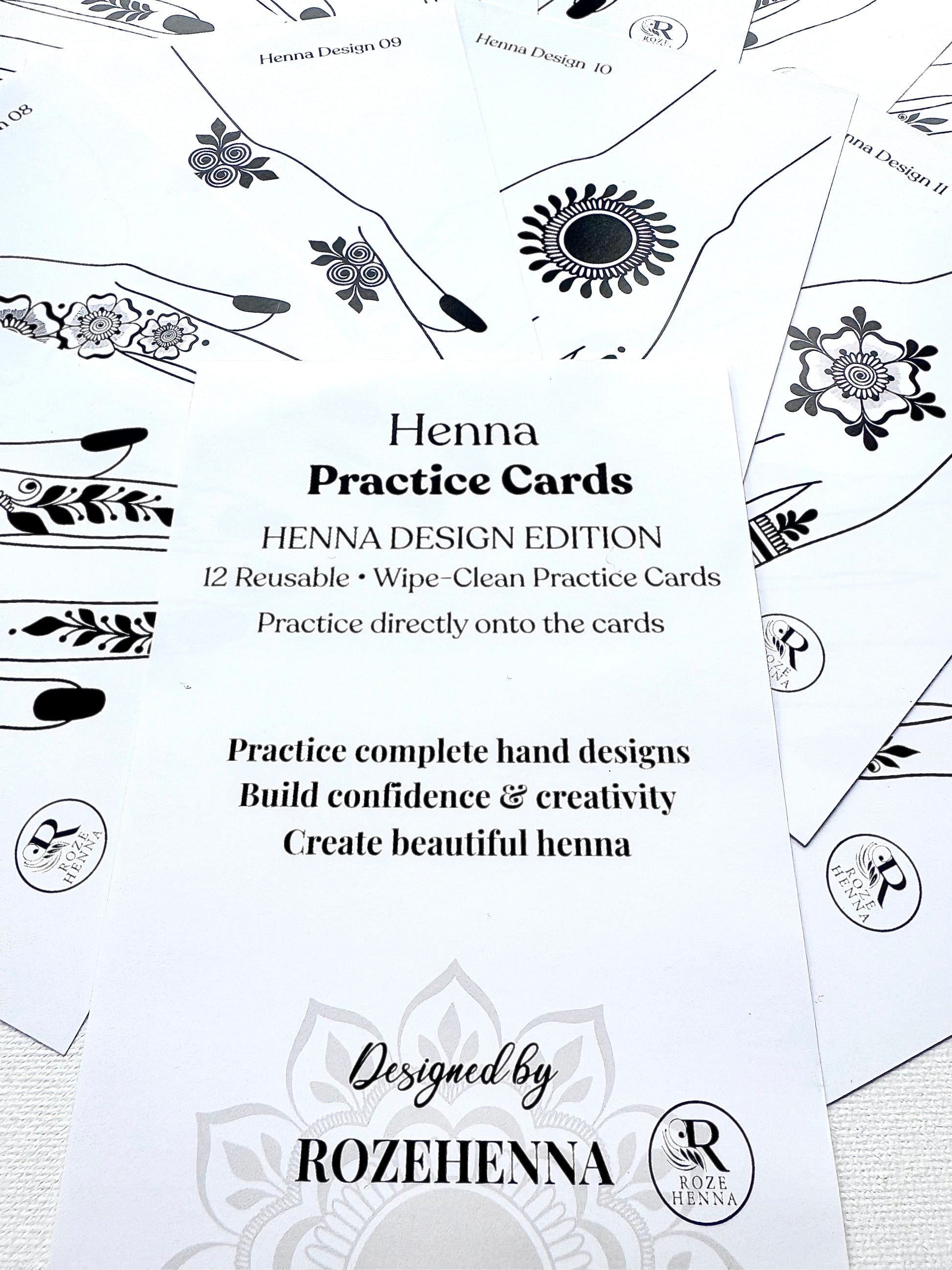 Rozehenna Henna Practice Kit 12 Laminated Practice Cards 12 Reusable Henna Practice Cards - Henna Design Edition
