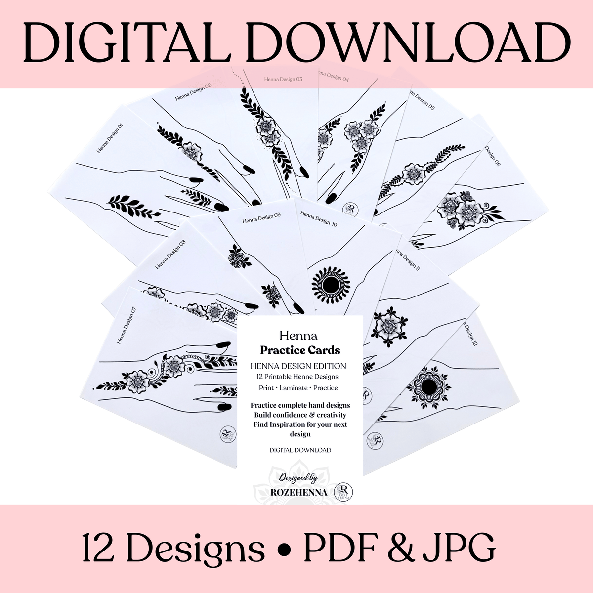 Rozehenna Henna Practice Kit 12 Printable Henna Practice Cards - PDF & JPG Download