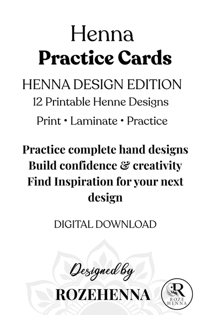 Rozehenna Henna Practice Kit 12 Printable Henna Practice Cards - PDF & JPG Download