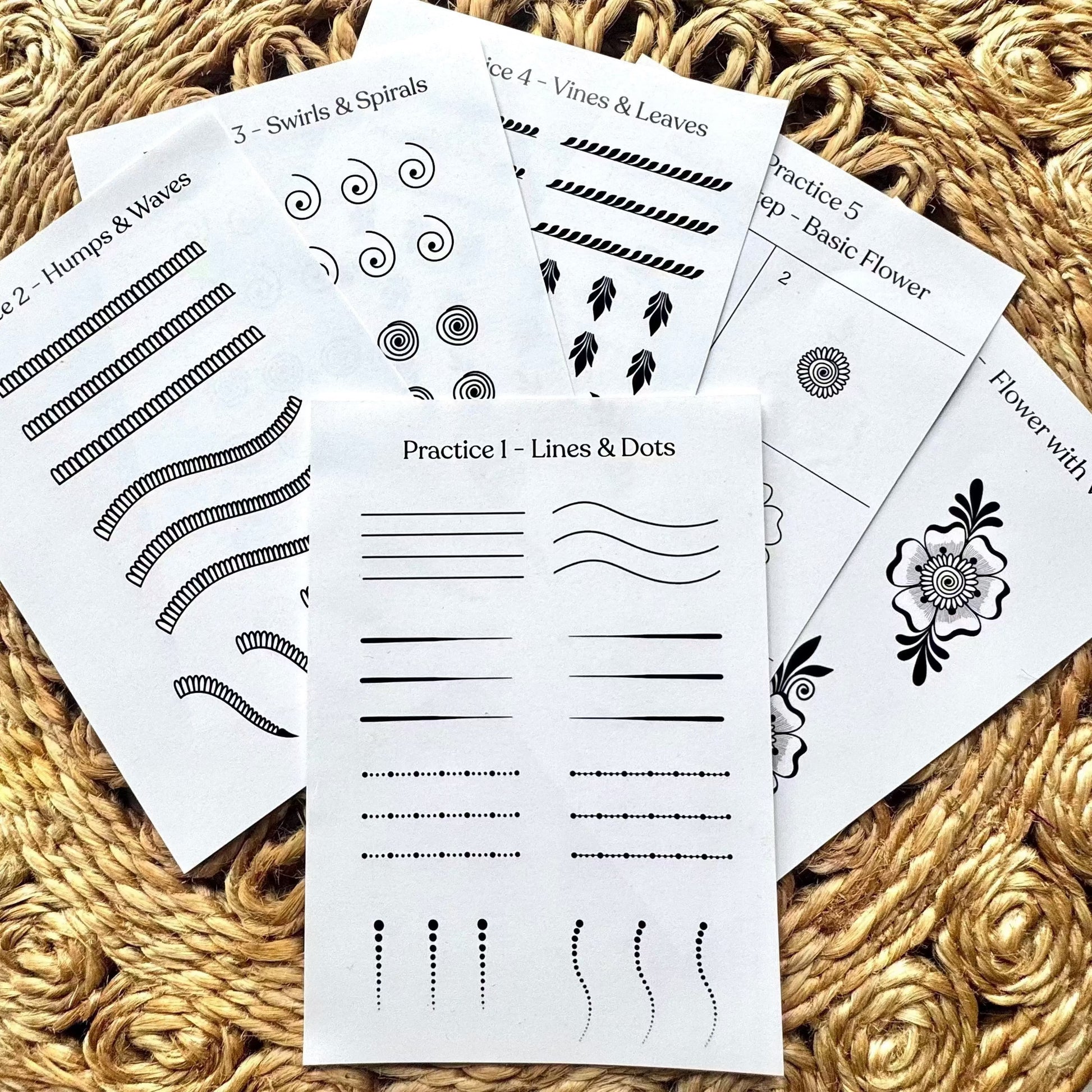 set of 6 cards showing basic henna designs