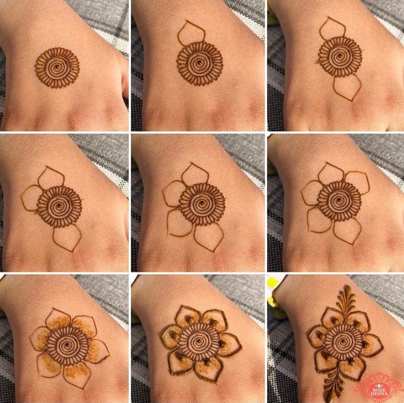 9 photos of breakdown of how to design a flower with a henna cone