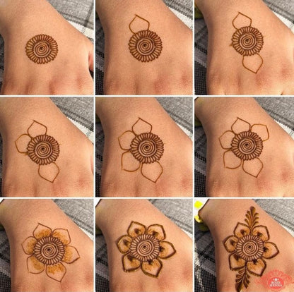 9 photos of breakdown of how to design a flower with a henna cone