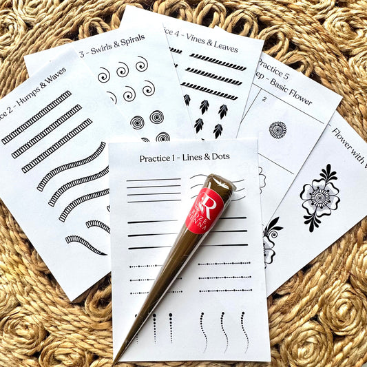 Rozehenna Henna Practice Kit Practice Cards + 1 Fresh Henna Cone Henna Skill-Building Practice Cards | Laminated Beginner Set